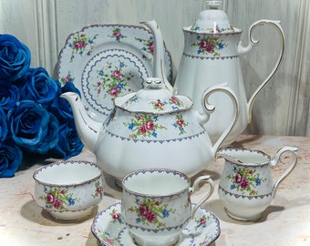 OPEN STOCK Petit Point by Royal Albert Cake Plate Gravy Boat Salt Pepper Shakers Cake Stand Lid Fine Bone China 1930s England Registered