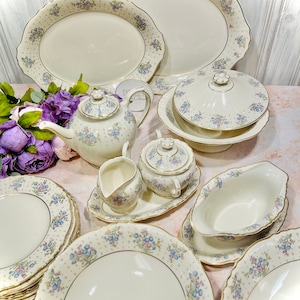 FORGET ME Not Open Stock Syracuse China Teapot Creamer Sugar Salad Plates  Saucer Gravy Boat USA Made Blue Pink Floral Gold Trim