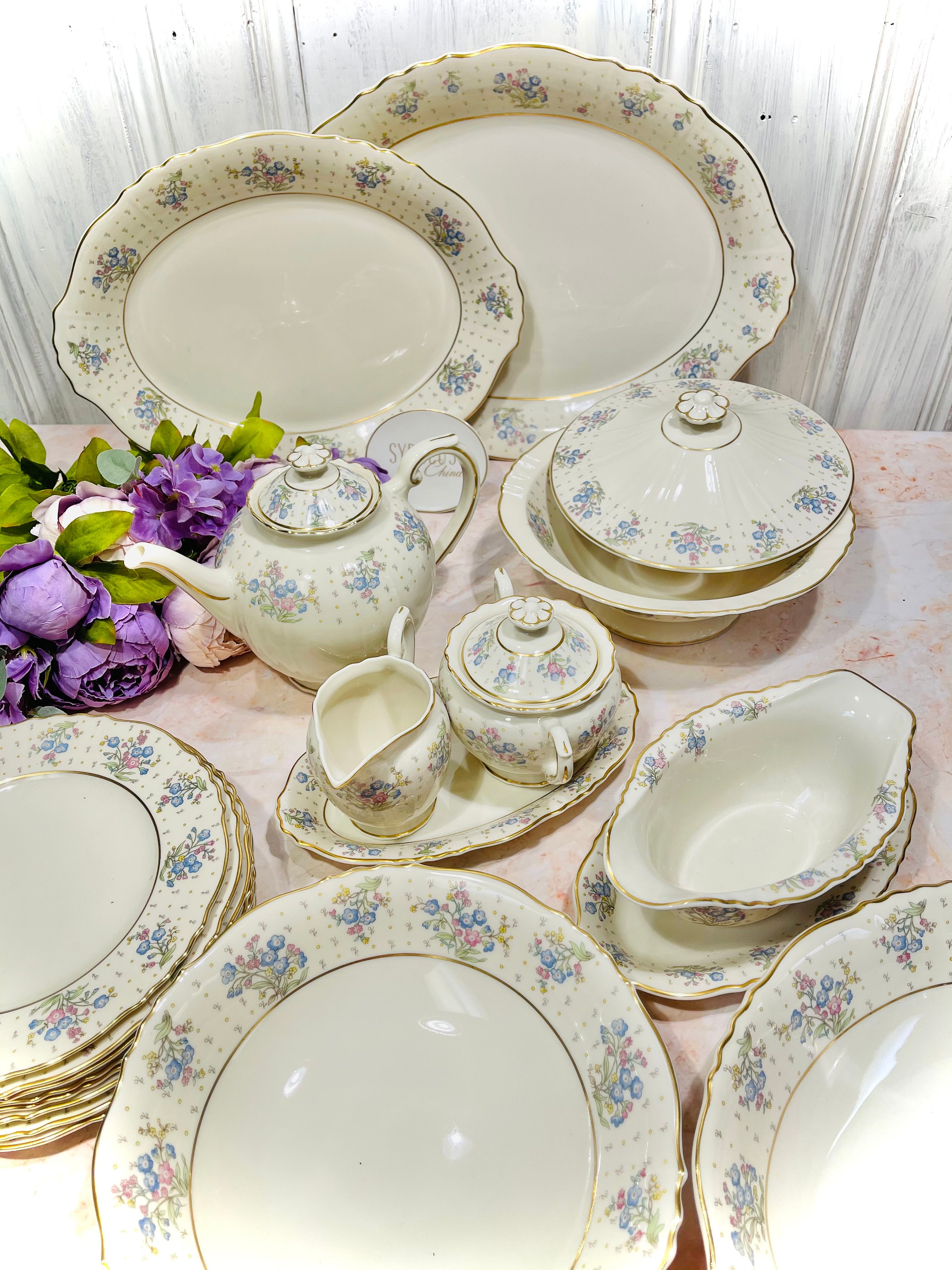 FORGET ME Not Open Stock Syracuse China Teapot Creamer Sugar Salad