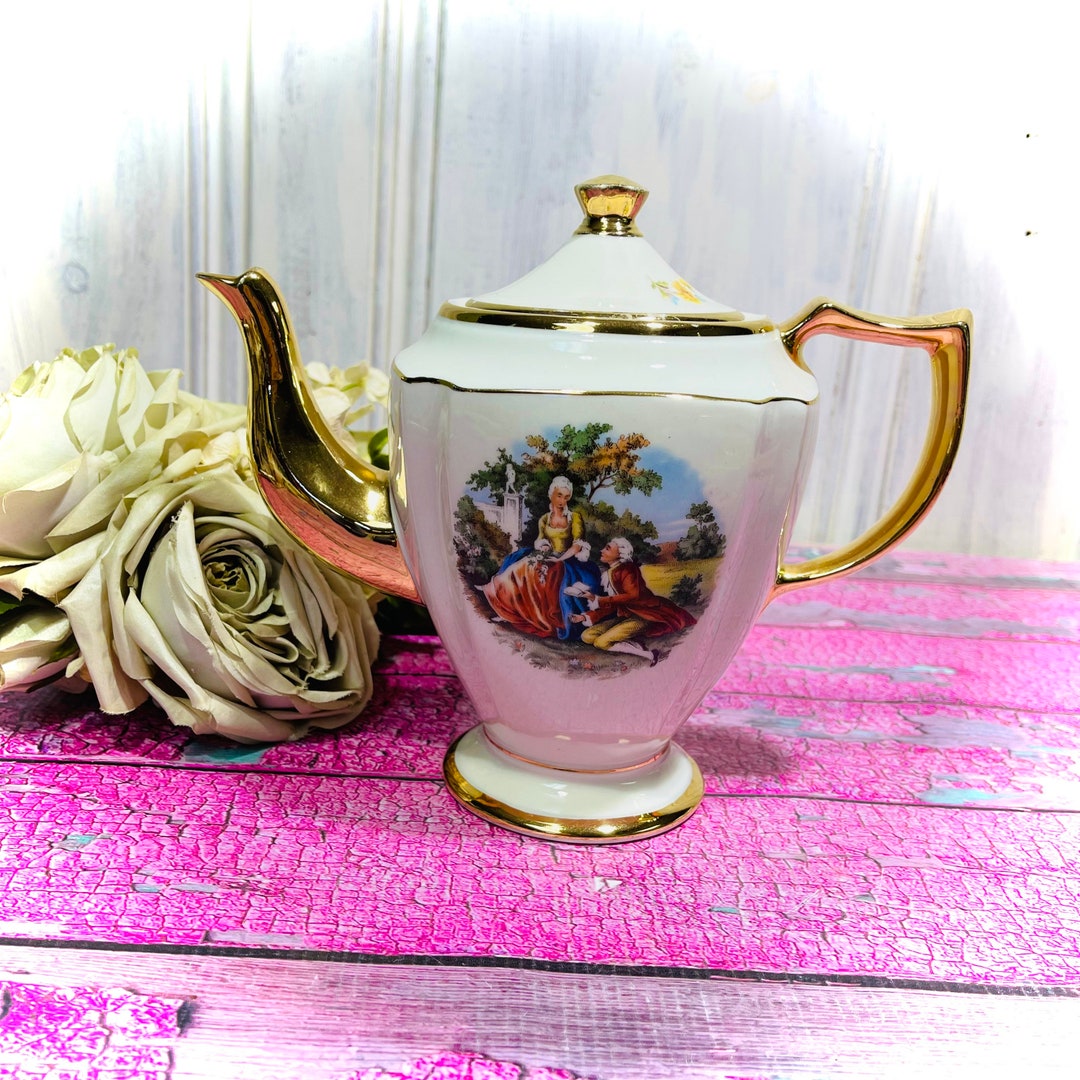 KINGWOOD Courting Couple Teapot Gold Trim Lovely USA Made Etsy