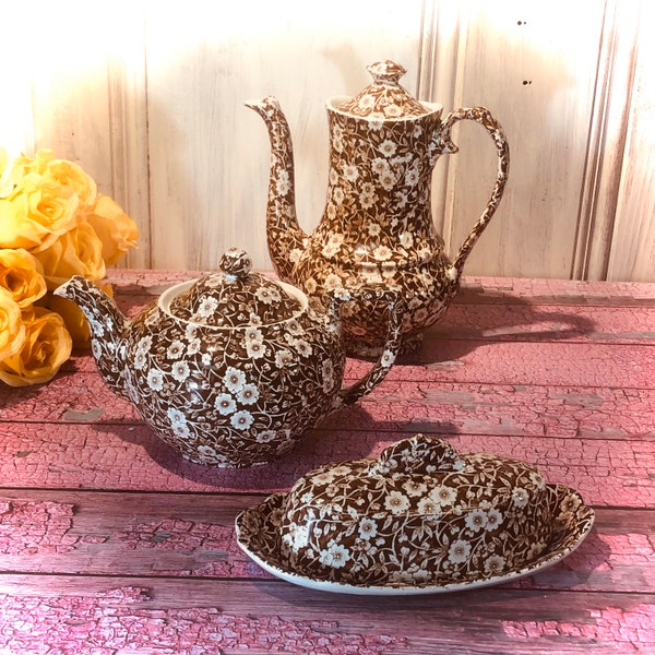 Royal Crownford Brown Calico Open Stock Dinnerware Vintage England Made Butterdish Teapot Creamer Bowls Coffee Pot Mug