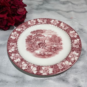 Dinner Plate Colonial Woods Burslem and Sons Pink and White Red Transferware Made in England 10” (0569)