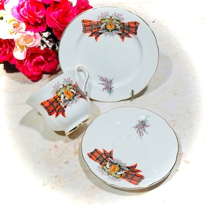 Royal Grafton OPEN STOCK Royal Stewart Coat of Arms Fine Bone China Trio Cup Saucer Dessert Sugar Rare