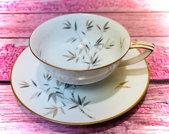 Noritake Cho-Cho San STOCK ouvert tasse soucoupe bambou doré belle vintage des années 1950 fabriqué au Japon