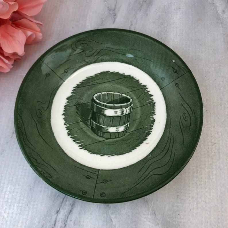 Colonial Homestead Orphan Saucer s Bucket Art by Royal China Co USA Made Green Lovely