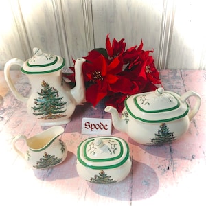 Open Stock Spode Christmas Tree Full Size Teapot Coffee Pot Creamer Sugar Vintage England Dinner Plate Butter Dish Shakers Cup Saucer