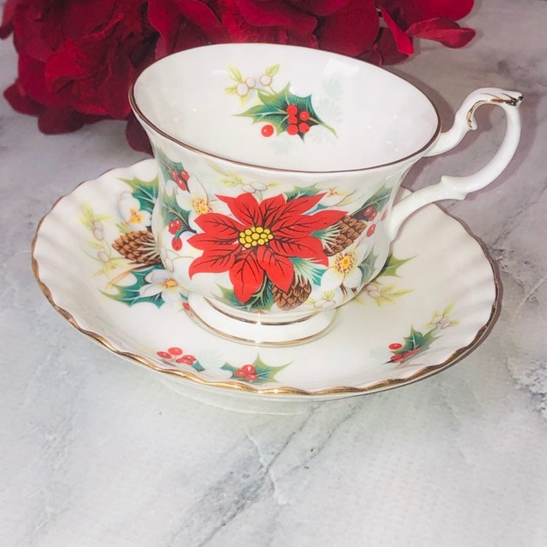 s Royal Albert Poinsettia Tea Cup Vintage England Made Excellent Holly Berry Yuletide Christmas Holiday and Saucer s