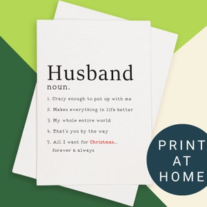 Printable Husband Christmas Card Print at Home | Husband Definition Christmas Card Print at Home | Instant Download PDF JPG XMAS Card