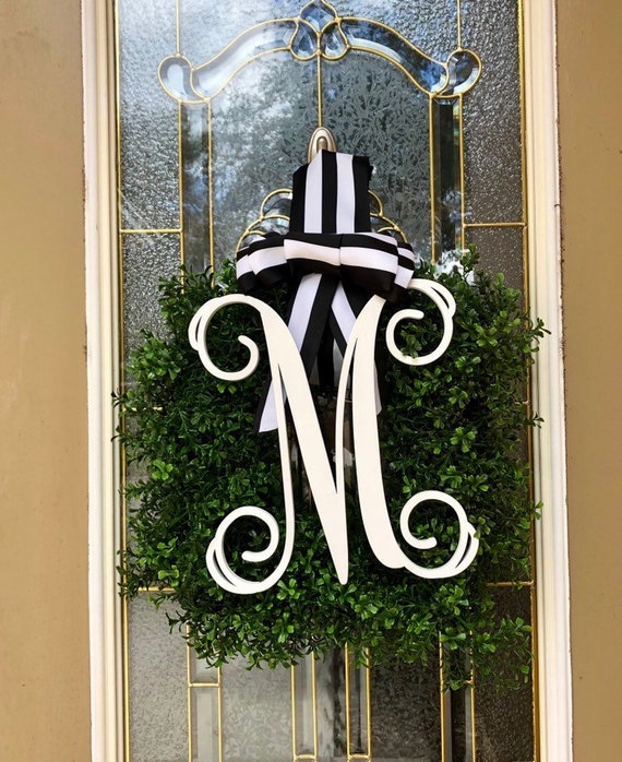 Wreaths For Front Door Year Round Wreath Front Door Wreath Monogram Wreath Initial Wreath Wreath With Bow Boxwood Wreath Door Wreath