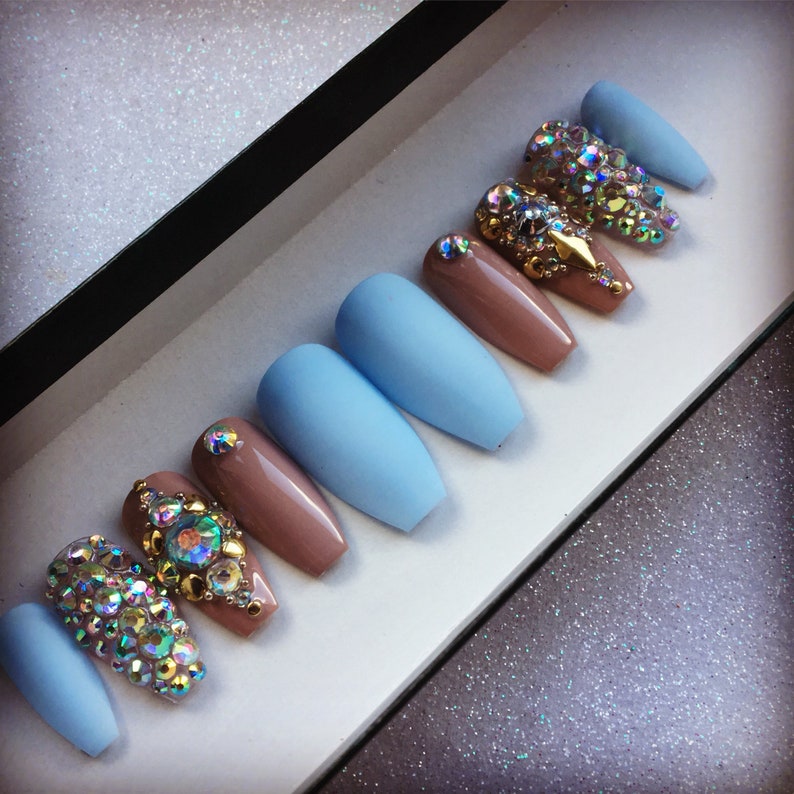Hand Painted Press on nails false nails medium length coffin shape matte baby blue nude and crystals
