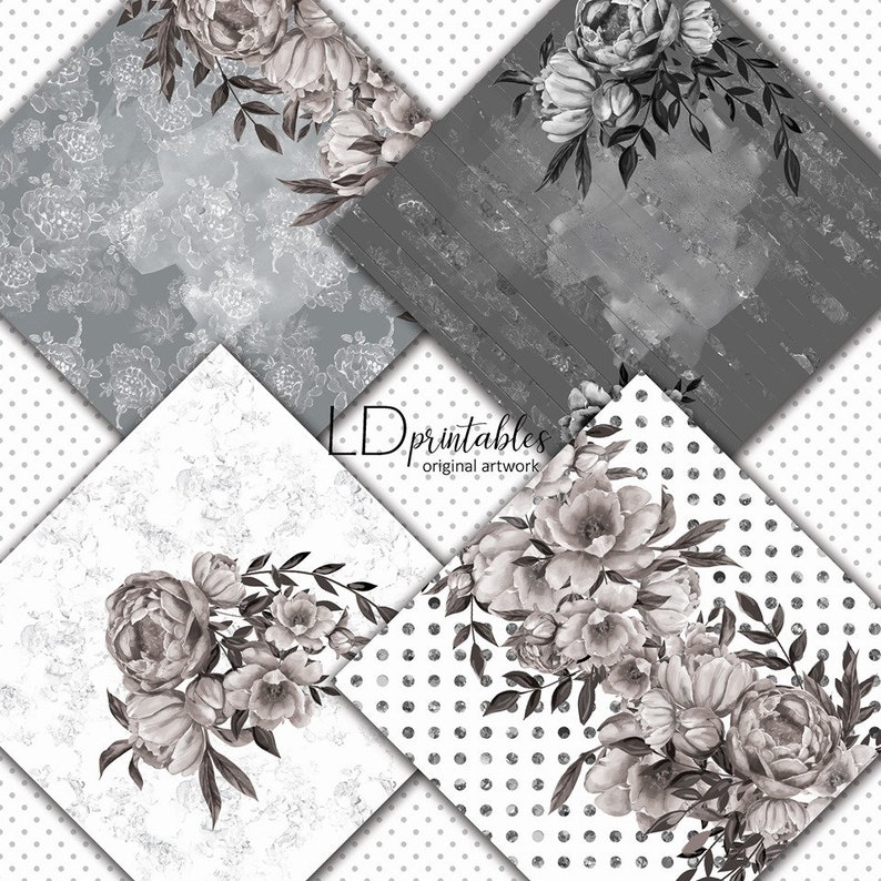 Black &amp; White Printable Paper Pack Floral Black White and - Etsy