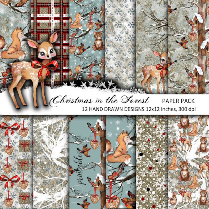 Christmas in the Forest digital paper pack Winter holiday printable designs Animals and Birds Christmas scrapbook pattern collection
