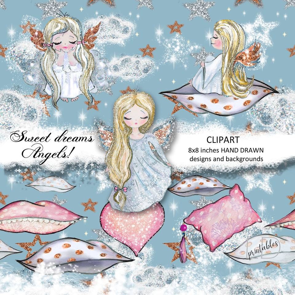 Sweet Dreams Angels Clipart, Angel Girls Silver Gold Clipart, Angels With Clouds and Pillows ...
