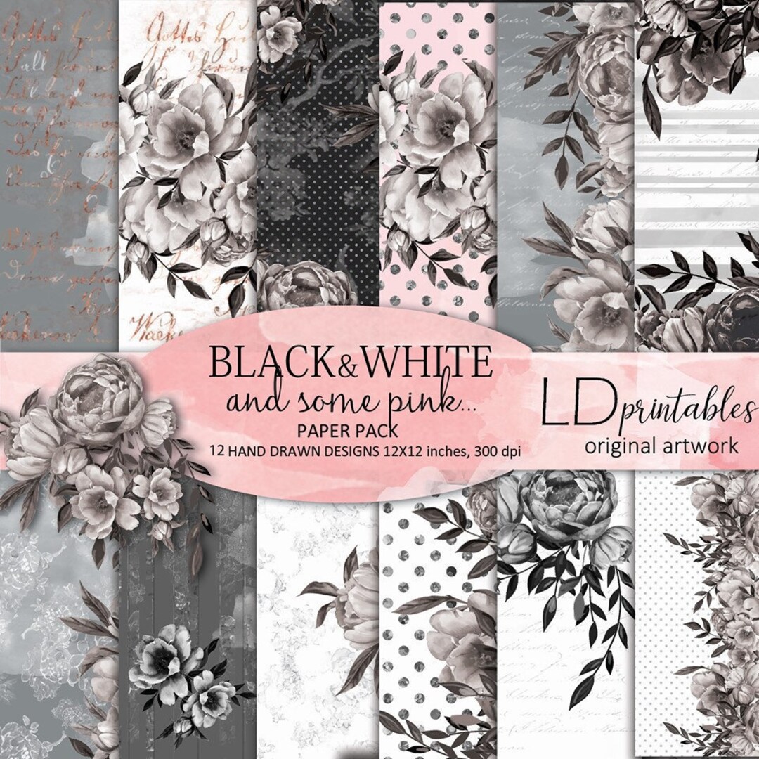 Black &amp; White Printable Paper Pack Floral Black White and - Etsy