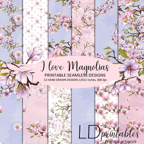 Magnolia blossom Printable Seamless designs, Floral patterns, Feminine Romantic scrapbook flowers digital download