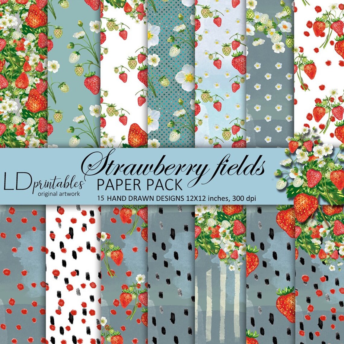Strawberry Paper Pack, Strawberry Fields Printable Designs, Summer