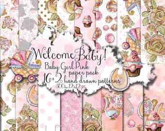 Welcome Baby Digital paper pack, Baby scrapbook paper, Baby patterns, Newborn girl original hand drawing