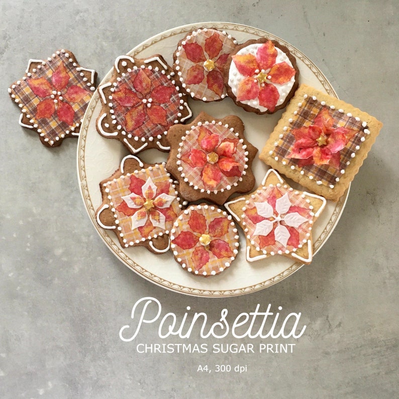 Poinsettia Christmas Gingerbread Sugar Print, Wafer Paper Cookie