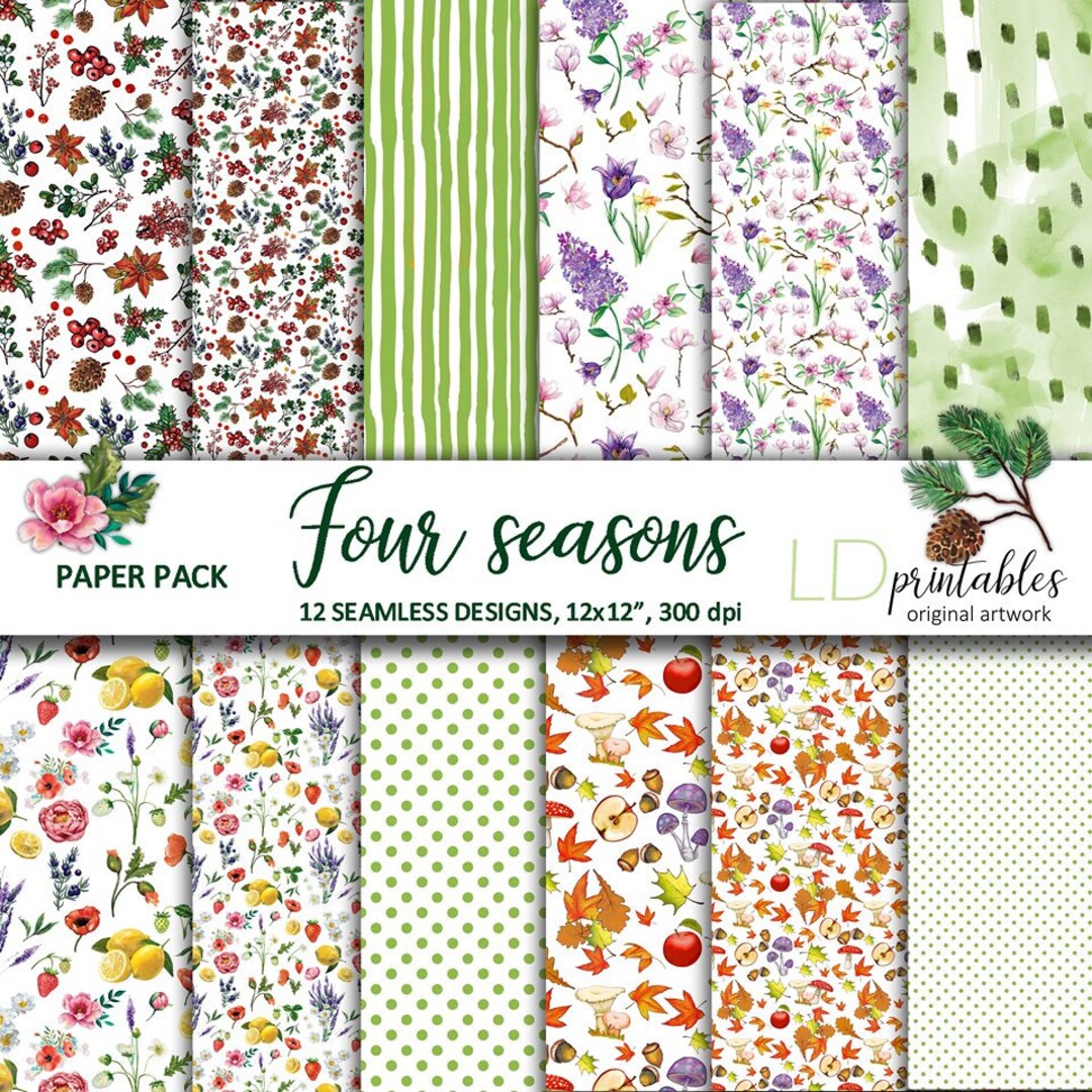 Four Seasons Printable Paper Pack, Floral Seamless Designs, Scrapbook ...