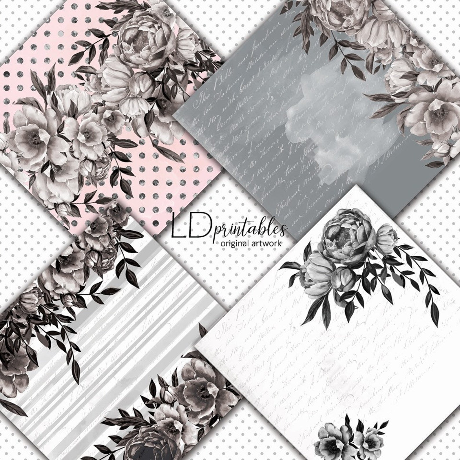 Black &amp; White Printable Paper Pack Floral Black White and - Etsy