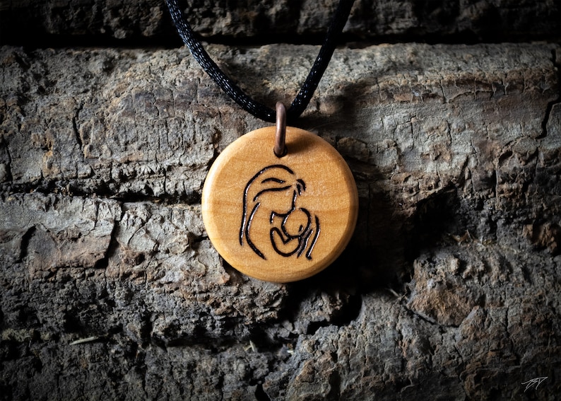 Mother and Child Love Handmade Wood Burned Necklace