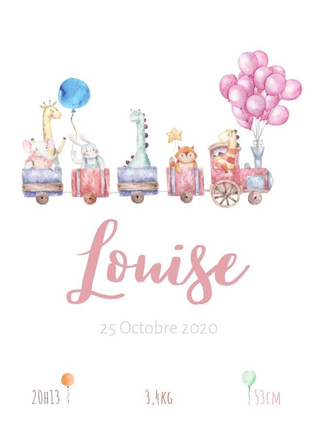Affiche Naissance Personnalisée - Thème Le Train Des Animaux