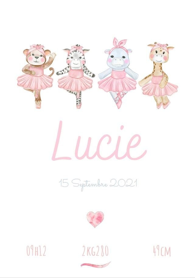 Affiche Naissance Personnalisée - Thème Animaux & Danse Classique