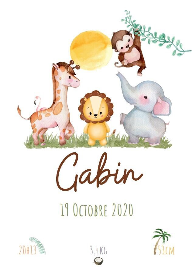 Affiche Naissance Personnalisée - Thème Safari/Jungle