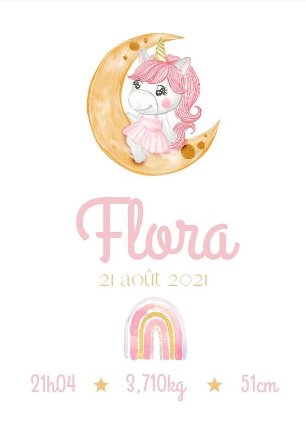 Affiche Naissance Personnalisée - Thème Licorne & Lune