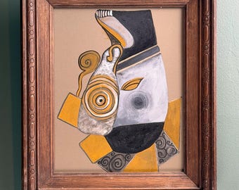 Original Cubist Painting: "Paranoia" by teacake, Moody Ochre Black Wall Art, Carved Wood Frame