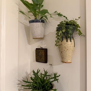 May include: Two wall-mounted ceramic planters with speckled white and blue glaze containing green leafy plants, a tall speckled white and blue ceramic wall vase with a trailing plant, and a small square wooden plaque with a carved bird design.