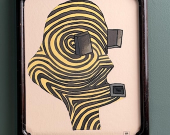 Originales abstraktes Gemälde „Der Intellektuelle“ von teacake, Op-Art-Porträt (9x11-Rahmen)