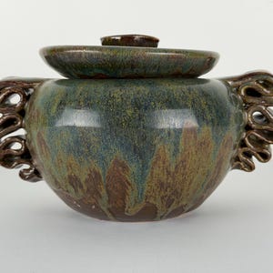 Brutalist Studio Pottery Vessel | Moss Green Rust Glaze, Ribbon Handles (5.5" H)