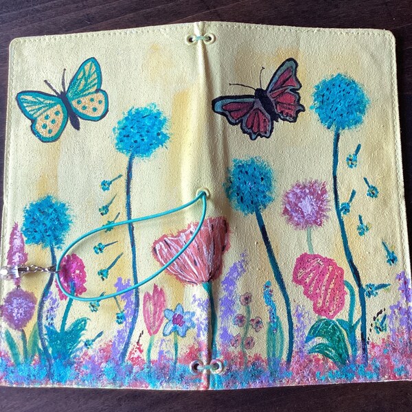 Whimsical butterfly, painted fabric “Jane Davenport” journal cover, refillable
