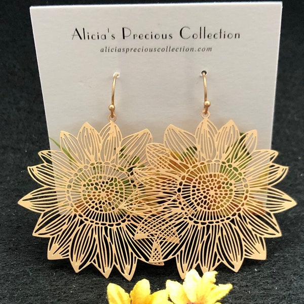 Sunflower Earrings, 2 inch, SATIN Gold Finish, Filigree Lightweight Dangle Earrings, Sunflower Jewelry, Flower Design earrings