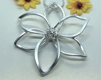 Flower Necklace, Silver , Large Flower Pendant, Satin Silver Finish, Flower Jewelry, Long Flower Necklace, Flower Necklace Gifts