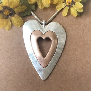 Double Heart Necklace, Silver + Rose Gold Double Heart Pendant, Hammered Silver, Womens Heart Jewelry, Heart Necklace, Heart Gifts