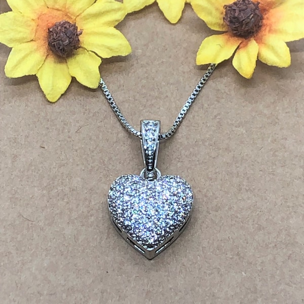 Heart Necklace, Silver Plated, Mini 1/2 inch Charm, Cubic Zirconia Heart Pendant, CZ, Pave Heart Necklace, Heart Jewelry, Heart Gifts