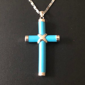 Cross Necklace, Turquoise w/Silver Trim,  Cross Pendant Necklace, Religious Necklace, Religious Cross Pendant, Cross Jewelry