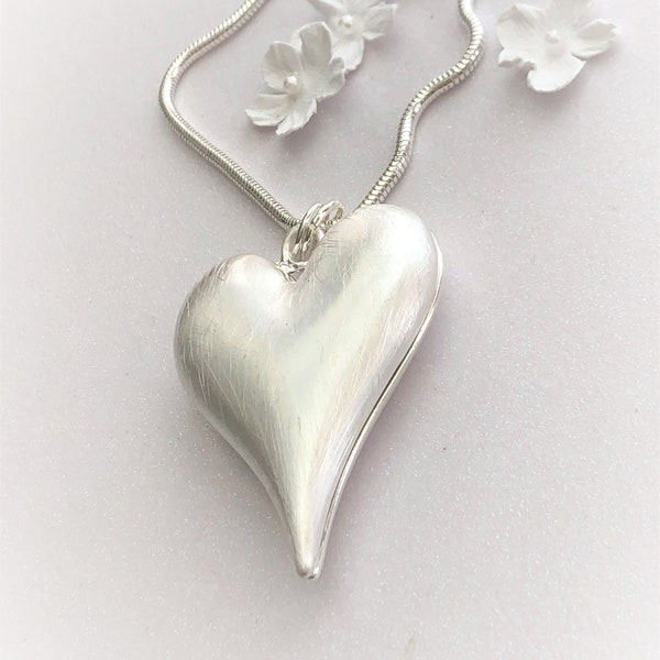 Puffy, Large, Heart Necklace, Brushed Silver Plated Heart Pendant Necklace w/Long Chain, Heart Jewelry, Chunky Heart, Large Heart Necklaces