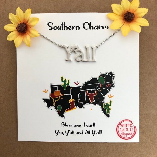 Y'ALL Script Necklace, Silver, White Gold Dipped, Y'all, Southern Charm, Texas Jewelry, Texas Gifts, Y'all Necklace, Southern Charm Necklace