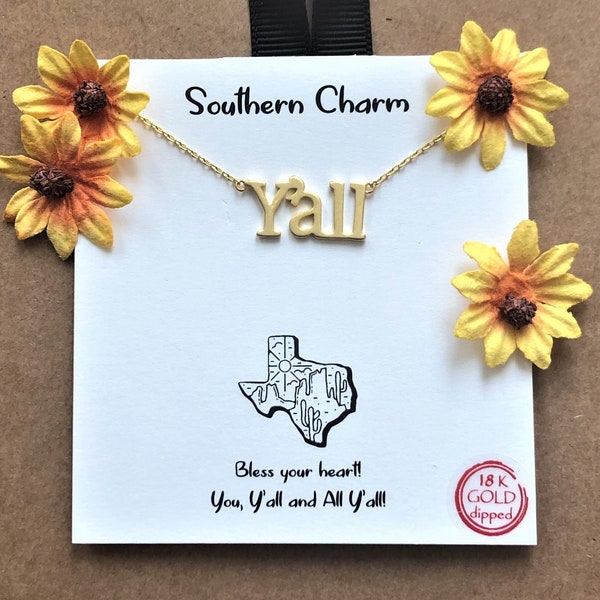 Y'ALL Script Necklace, Gold, 18K Gold Dipped, Y'all, Southern Charm, Texas Jewelry, Texas Gifts, Y'all Necklace, Southern Charm Necklace