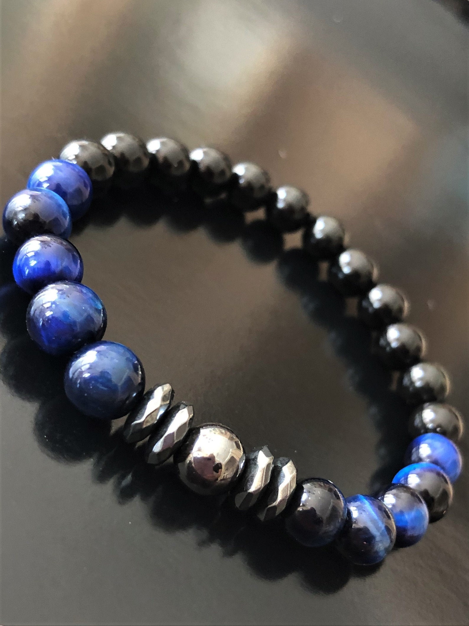 Blue Tiger Eye Men’s Triple Protection Set – Hematite Obsidian Bracelet & Necklace – Beaded