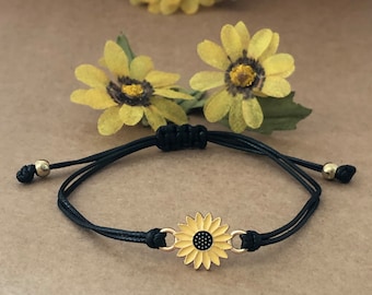 Yellow Sunflower Friendship Alloy Charm Black Wax Rope Bracelet, Sunflower, Spread Happiness, Sunflower Bracelet, Holiday Gift, Party Favor