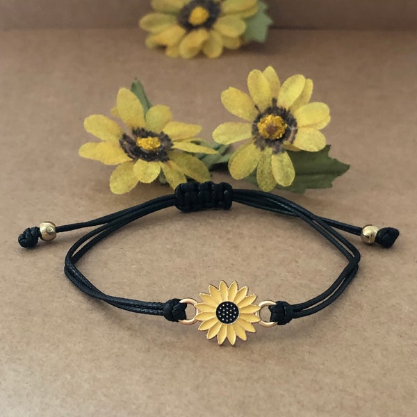 Yellow Sunflower Friendship Alloy Charm Black Wax Rope Bracelet, Sunflower, Spread Happiness, Sunflower Bracelet, Holiday Gift, Party Favor