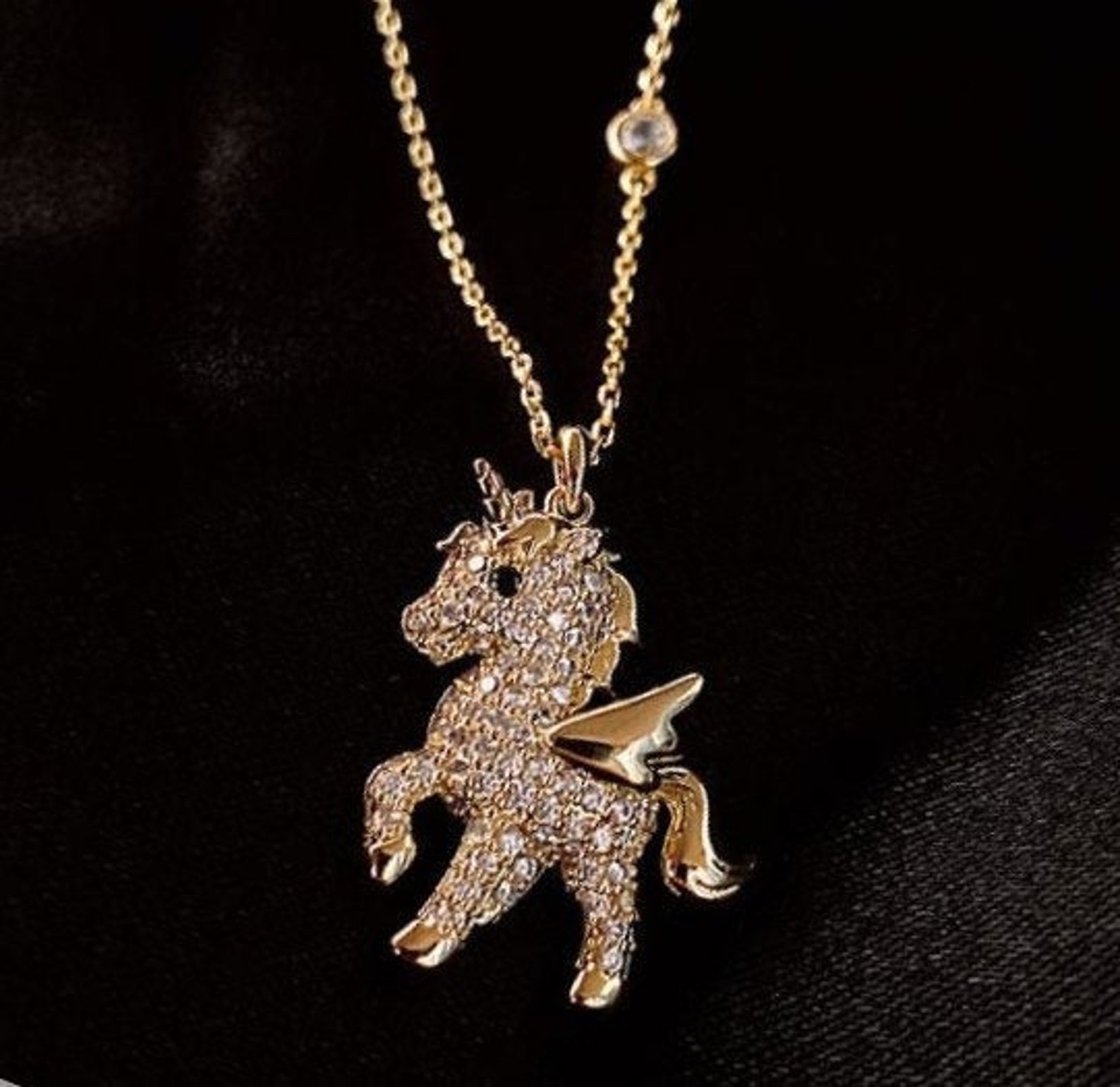 Unicorn Necklace with Rhinestones Gold Plated Unicorn Etsy