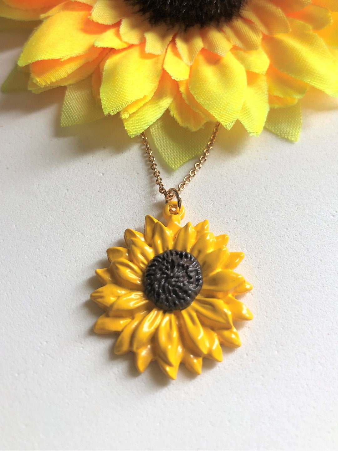 Yellow Sunflower Necklace Gold Finish Chain Resin Sunflower Etsy