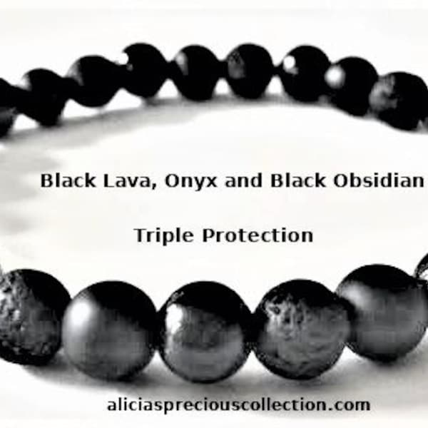 Black Lava, Onyx & Black Obsidian Beaded Stretch Bracelet, 8mm, Triple Protection, Natural Healing Stones, Calming,Anxiety, Healing Bracelet