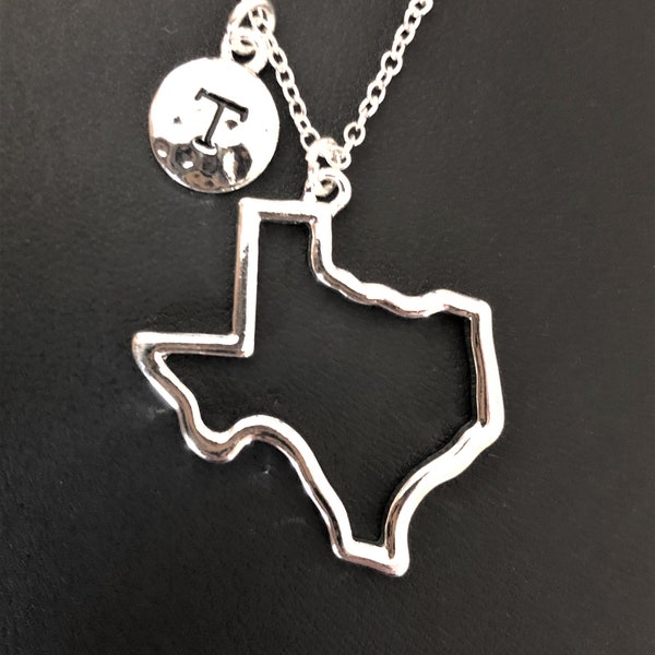 Texas Necklace, Texas State Necklace, Large Texas Map Necklace, Texas Outline Necklace, Silver, Mini T Charm,  State Necklace