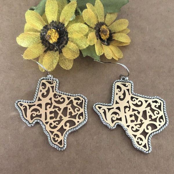Texas State Earrings, Monogrammed Earrings in Gold with Silver Trim , Large Texas State Earrings, Texas Jewelry, State Earrings, Texas Gifts